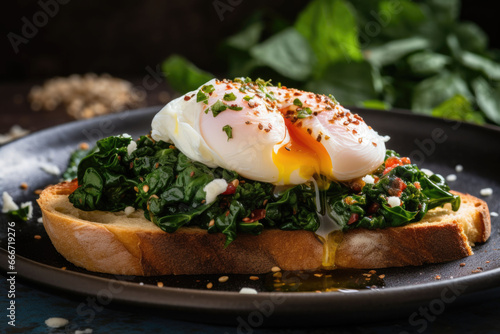 Bruschetta with chard, spinach and poached egg. Generative AI