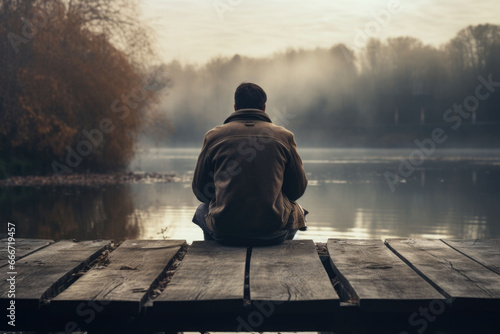 Man in jacket sitting on the small bridge with a view on beautiful lake, back view. Generative AI