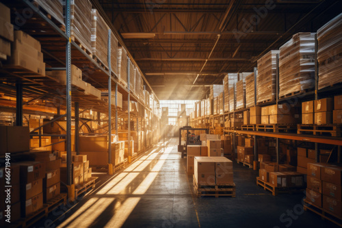Modern contemporary warehouse with warm sunlight filtering through rows of goods. AI generated