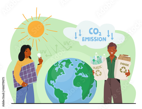 Green Energy, Global Warming And Environmental Solutions Concept. Characters With Solar Panel And Reusable Package