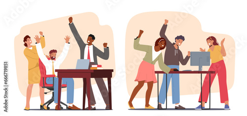 Business Team Characters Rejoices Near Their Computers, Celebrating Success With Smiles, And Shared Sense Of Achievement