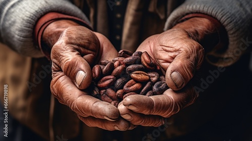 old ethnic hands holding coffee beans in a horizontal format of Beverage-themed, photorealistic illustration in JPG. Generative ai