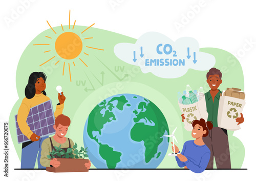 Characters Reduce Global Warming And Climate Change. People Care Of Plants, Use Solar Energy And Recycling Packages