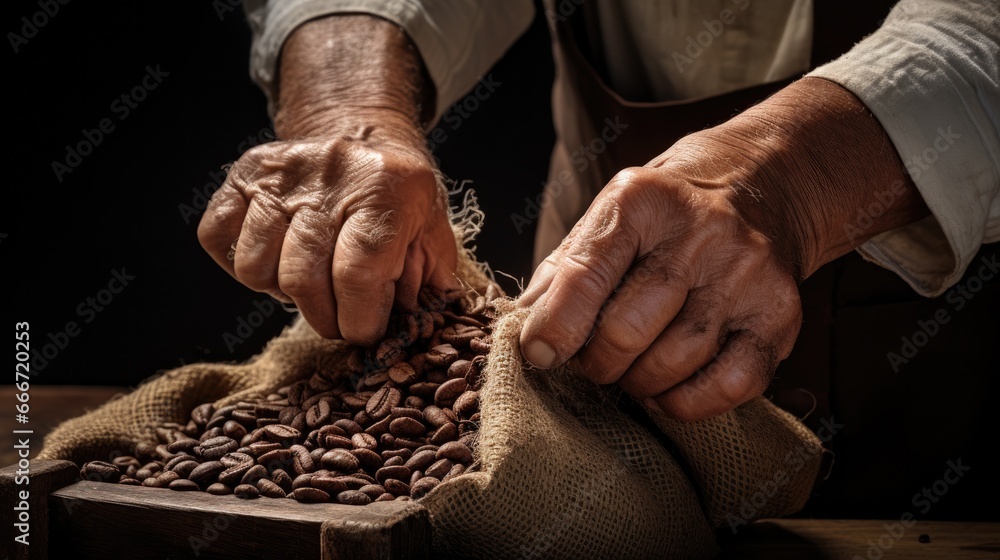 Obraz premium a horizontal format of a pair of Aged hands opening a bag of coffee in Cultural-themed, photorealistic illustrations in JPG. Generative ai