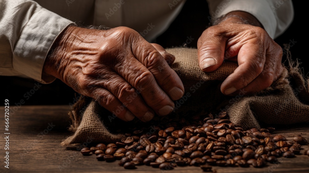 a horizontal format of a pair of Aged hands opening a bag of coffee in Cultural-themed, photorealistic illustrations in JPG.  Generative ai