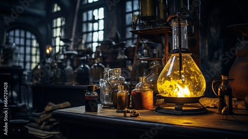 In an alchemical lab, a famous historical pelican vessel and cool, warm shadows can be seen along with magical equipment and candlelight. There is also a magical kitchen laboratory that photo