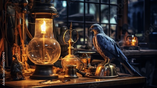In an alchemical lab, a famous historical pelican vessel and cool, warm shadows can be seen along with magical equipment and candlelight. There is also a magical kitchen laboratory that photo