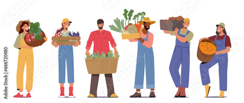 Farmer Characters Proudly Holding Baskets And Crates Brimming With The Bounty Of Their Harvest, Vector Illustration © Hanna Syvak
