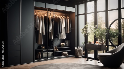 Inside the design  there is a rack filled with fashionable clothing for women and a mirror.