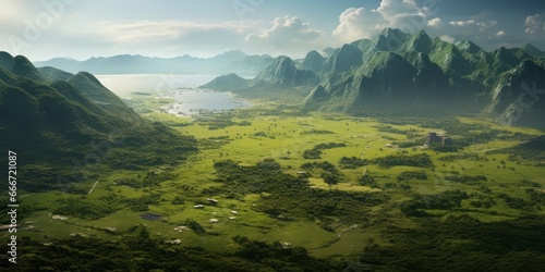 Green Field in Mountainous Terrain  Capturing the Aesthetic Essence of Traditional Arts from Africa  Oceania  and the Americas - A Panoramic Mosaic of Cultural Diversity and Natural Beauty