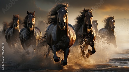 Six Dark brown Horses galloping in the river