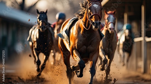 Horse race  group of jockeys running fast in paddock