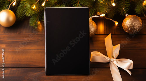 christmas card with gift box and decorations