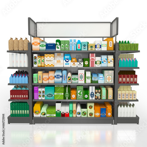 Shelf rack, display case in a supermarket with display of goods. 3d illustration