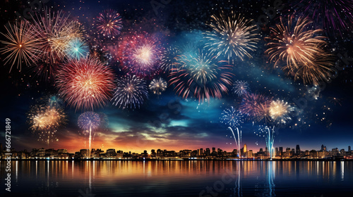 Celebration New Year's Eve, Silvester 2023 holiday background panorama greeting card - Golden firework fireworks pyrotechnics on dark night sky..