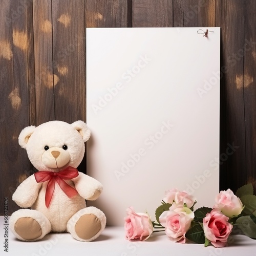 Empty space for writing notes, Pink flower with cute bear doll