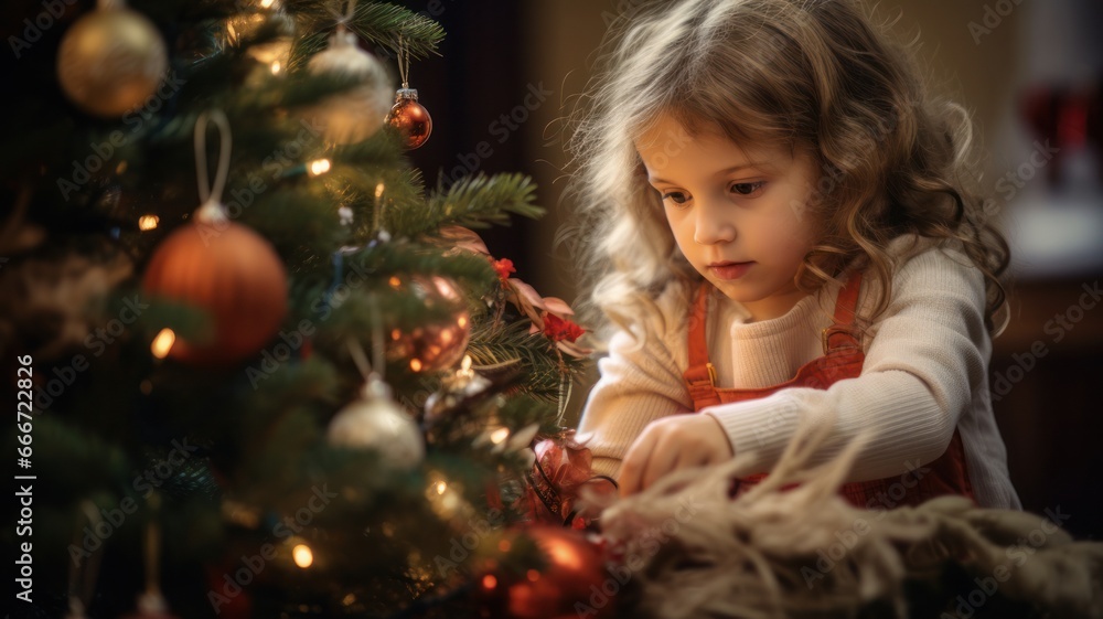 Cheerful child artfully decorating a miniature Christmas tree with bright ornaments Cheerful child artfully decorating a miniature Christmas tree with bright ornaments