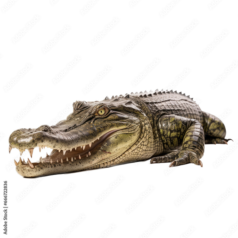 Naklejka premium an American alligator (Alligator mississippiensis) with open mouth and full body 3/4 view in a Wildlife-themed, photorealistic illustration in a PNG format, cutout, and isolated. Generative ai