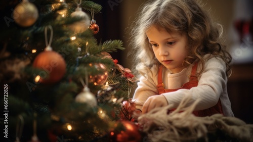 Cheerful child artfully decorating a miniature Christmas tree with bright ornaments