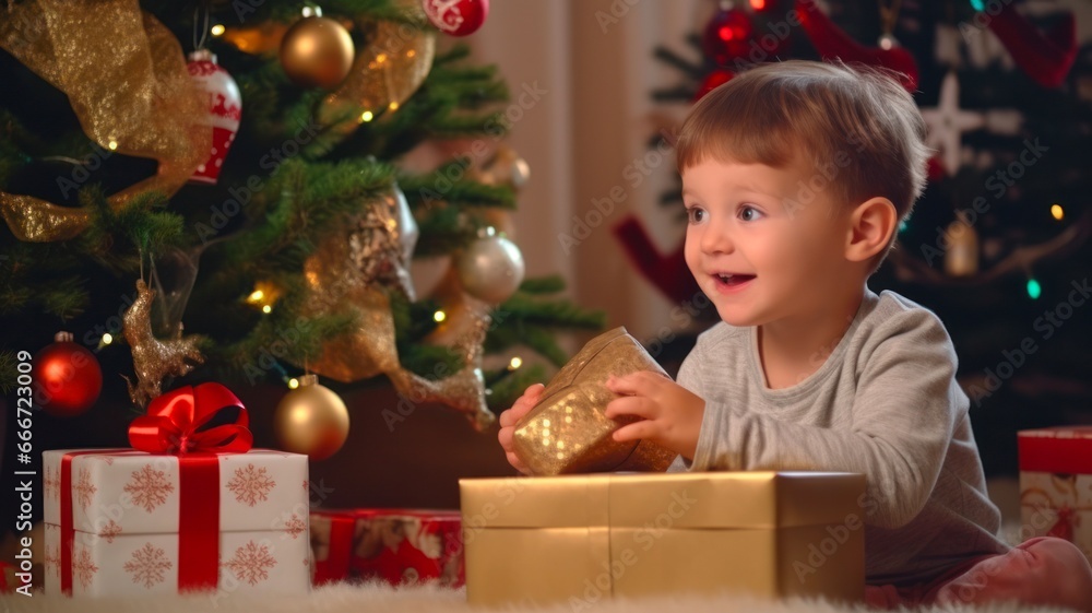 Curious Toddler Peeking at Presents Beneath Festive Christmas Tree Curious Toddler Peeking at Presents Beneath Festive Christmas Tree