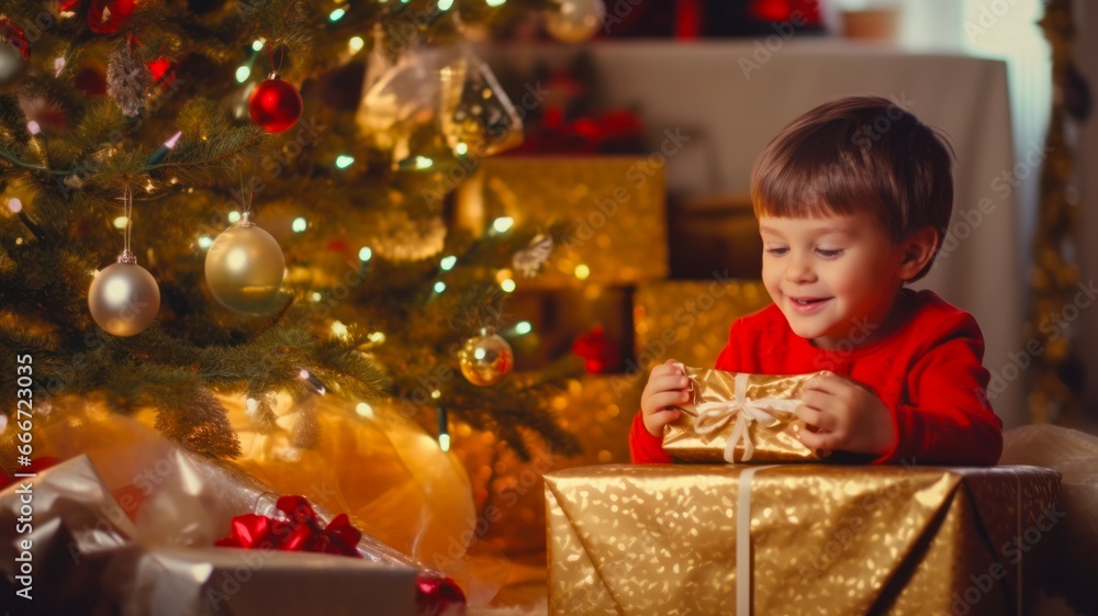 Curious Toddler Boy Peeking at Christmas Gifts Under the Tree on Christmas Day Curious Toddler Boy Peeking at Christmas Gifts Under the Tree on Christmas Day