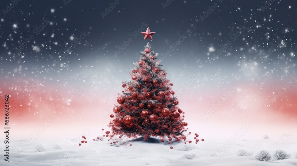 Cute Red and Black Christmas Tree with Snowy Background and Festive Decorations in Digital Illustration