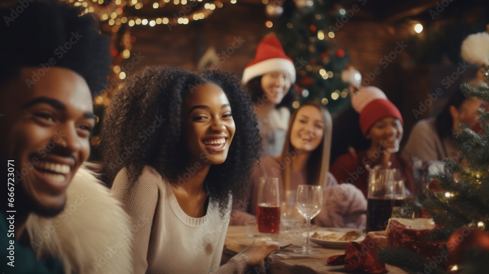 Diverse Group of African American and Caucasian People Celebrating Christmas with Joyful Children, Festive Decorations and Delicious Dining Diverse Group of African American and Caucasian People Celebrating Christmas with Joyful Children, Festive Decorations and Delicious Dining