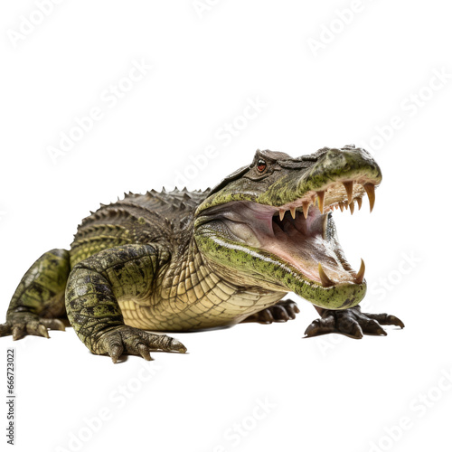 an American alligator (Alligator mississippiensis) with open mouth and full body 3/4 view in a Wildlife-themed, photorealistic illustration in a PNG format, cutout, and isolated. Generative ai