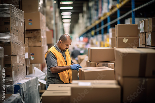 A warehouse worker checking boxes