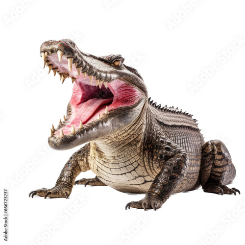 an American alligator (Alligator mississippiensis) with open mouth and full body 3/4 view in a Wildlife-themed, photorealistic illustration in a PNG format, cutout, and isolated.  Generative ai © Purple Penguin GFX