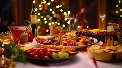 Festive Christmas Hors d'oeuvres: A Contemporary Close-up of Delicious Finger Foods, Sparkling Wine, and Festive Decor on a Linen Tablecloth