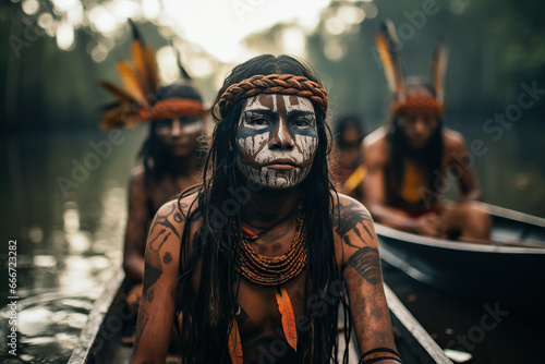 Some indigenous people from a tribe in a jungle river