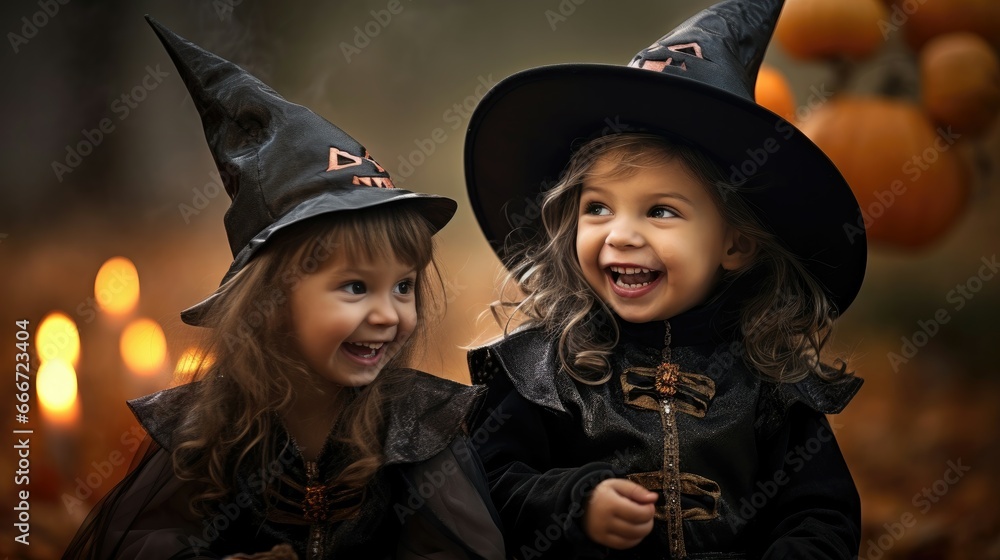 Obraz premium Two children dressed in Halloween costumes. Both children are smiling broadly and enjoying themselves. Halloween events or decorations