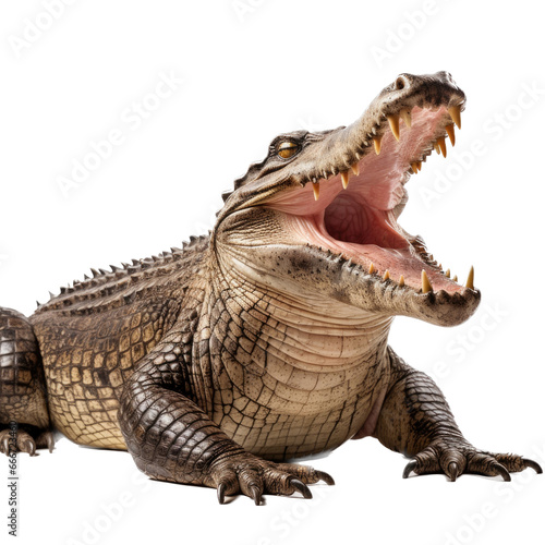 an American alligator  Alligator mississippiensis  with open mouth and full body 3 4 view in a Wildlife-themed  photorealistic illustration in a PNG format  cutout  and isolated.  Generative ai