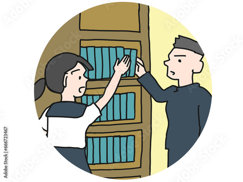 図書館で運命の出会いをするイラスト