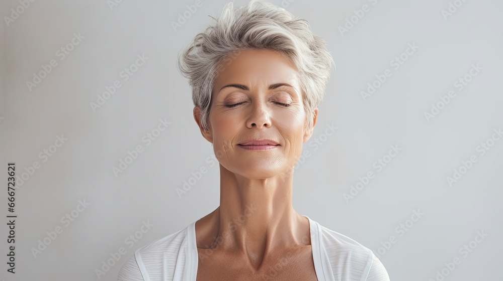 An elderly woman with grey hair with her eyes closed, meditates while doing Yoga. Zen mode, spiritual person - obrazy, fototapety, plakaty 