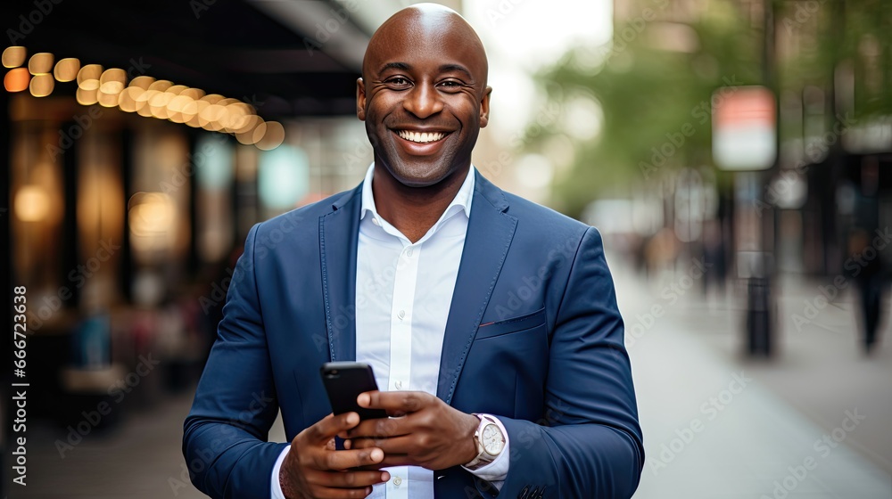 A middle-aged business executive man wearing a suit and tie is standing on a sidewalk, holding a cell phone in his hand.