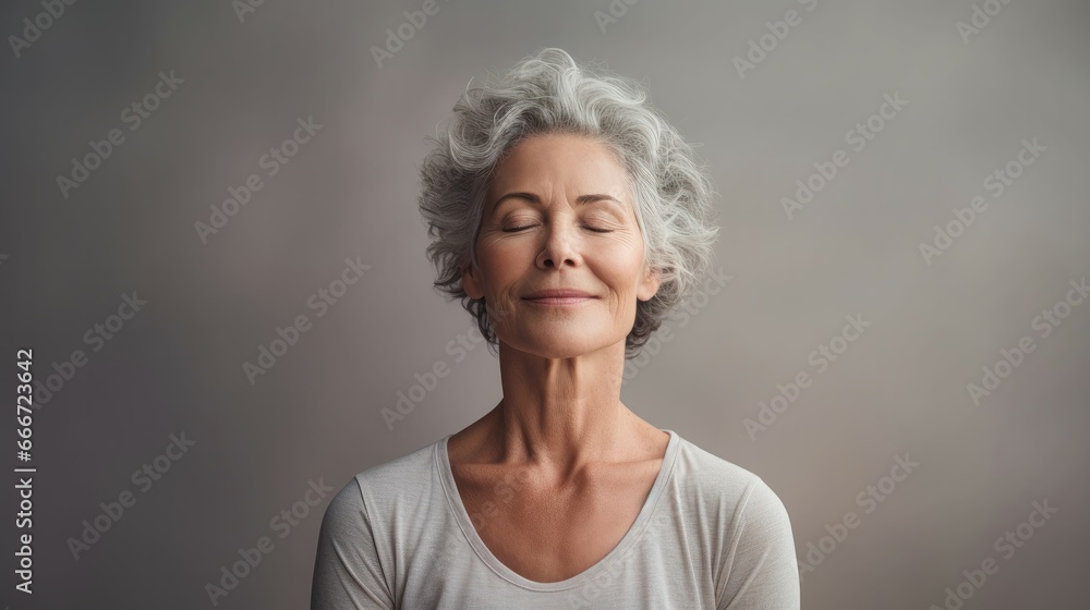 An elderly woman with grey hair with her eyes closed, meditates while doing Yoga. Zen mode, spiritual person An elderly woman with grey hair with her eyes closed, meditates while doing Yoga. Zen mode, spiritual person