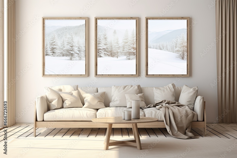 Nordic living room interior with large sofa, beige and white colors, minimalist design Nordic living room interior with large sofa, beige and white colors, minimalist design
