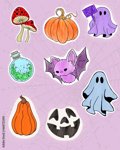 Cute set with Halloween illustrations. cute ghosts, bright pumpkins, fly agar...