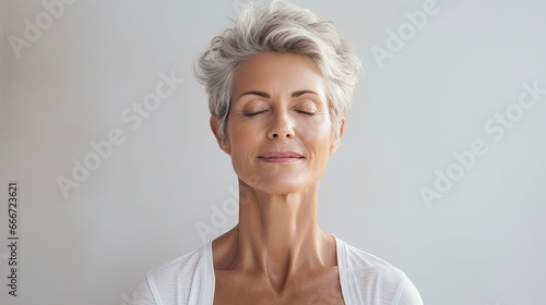 An elderly woman with grey hair with her eyes closed, meditates while doing Yoga. Zen mode, spiritual person photo