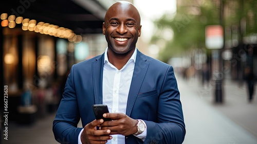 A middle-aged business executive man wearing a suit and tie is standing on a sidewalk, holding a cell phone in his hand. photo