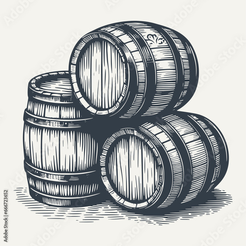Stacked wooden barrels. Vintage woodcut engraving style hand drawn vector illustration.