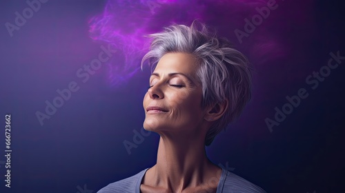 An elderly woman with grey hair with her eyes closed, meditates while doing Yoga. Zen mode, spiritual person