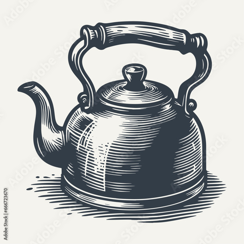 Old retro kettle. Vintage woodcut engraving style hand drawn vector illustration.