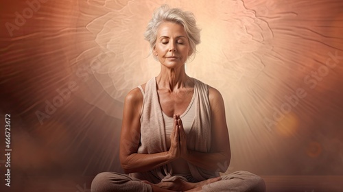 An elderly woman with grey hair with her eyes closed  meditates while doing Yoga. Zen mode  spiritual person