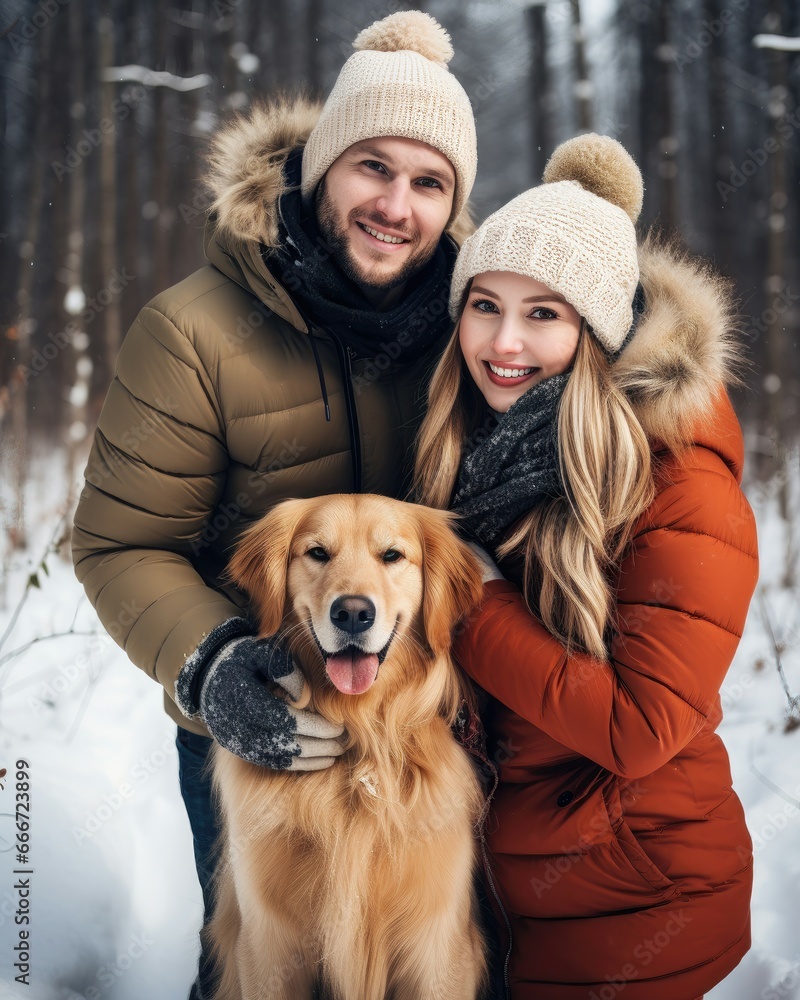 A man and a woman standing together in the snow, posing for a picture. They are both wearing winter coats and hats, and they are accompanied by a large brown Golden Retriever dog. Love, family
