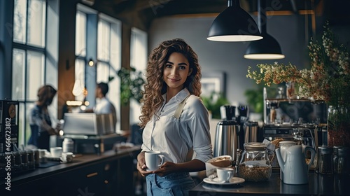 A pretty latin brunette woman standing in a coffee shop, holding a cup of coffee. The shop has a cozy atmosphere, with several potted plants placed around the room