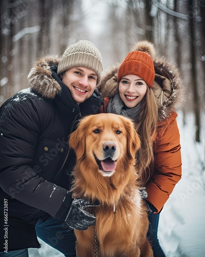 A man and a woman standing together in the snow, posing for a picture. They are both wearing winter coats and hats, and they are accompanied by a large brown Golden Retriever dog. Love, family © Daniel