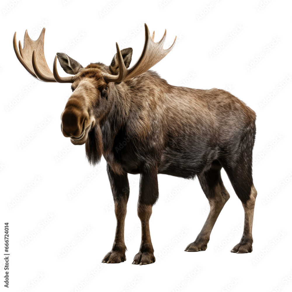 Obraz premium a Bull Moose standing in a 3/4 view, full body as an isolated and transparent PNG in a Nature-themed, photorealistic illustration. Generative ai